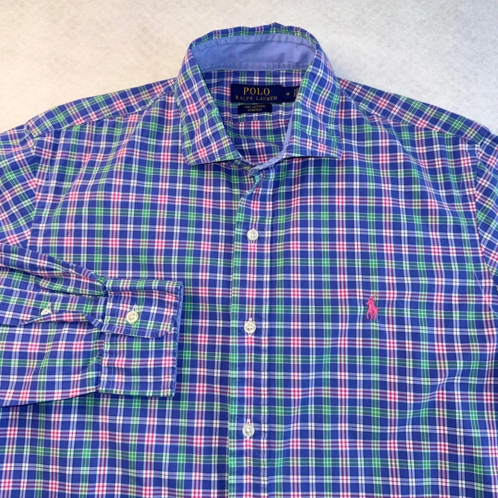 Polo Ralph Lauren Mens Medium Blue Green Pink Plaid‎ Cotton Stretch Shirt M